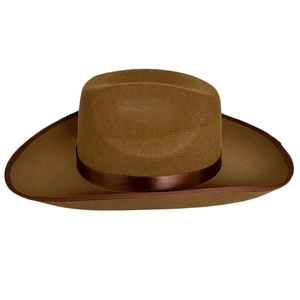 Detailed view of western cowboy hat featuring brown felt texture and ribbon trim