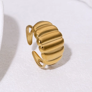 Adjustable 18k gold plated stainless steel croissant ring with vertical wave texture