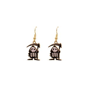 Detail of cartoon Grim Reaper drop earrings with black and white enamel in gold plating