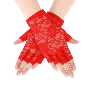Detailed view of red lace fingerless gloves with delicate rose patterns for weddings