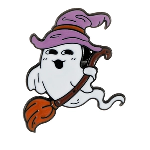 Cartoon white ghost enamel pin with purple wizard hat riding an orange broom for Halloween