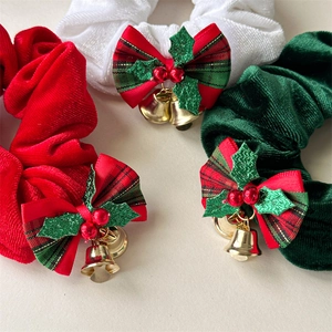 Set of 3 Christmas velvet scrunchies with plaid bows and festive golden bells
