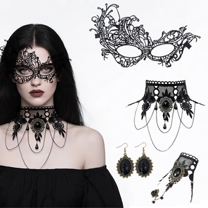 Gothic Black Lace Mask Choker Necklace Gemstone Earrings Slave Bracelet Ring Halloween Masquerade Party Accessories