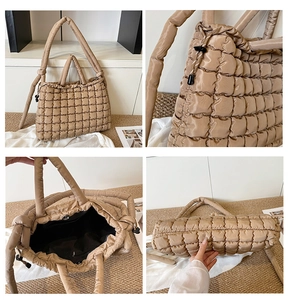 Detailed views of beige quilted tote bag showing puffer texture, handles and magnetic closure