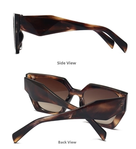 Side and back view of fashion tortoiseshell sunglasses with geometric cut temples