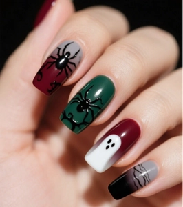 Halloween press-on nails featuring spider web and ghost patterns on dark glossy square tips