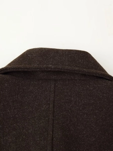 Detail of deep brown wool coat collar with refined texture and high-quality stitching