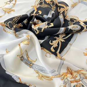 Detail of soft 70cm square scarf with vintage baroque gold chain and buckle patterns