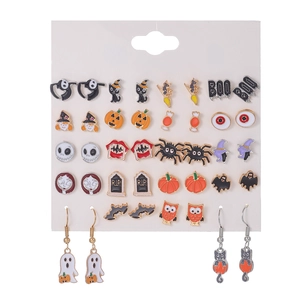 Detailed set of Halloween stud earrings featuring pumpkins, ghosts and spiders on a white card
