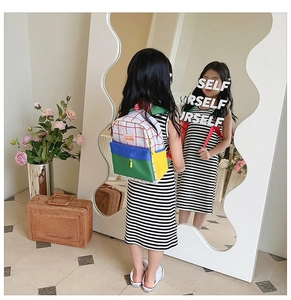 Detail of multi-color canvas preschool backpack with adjustable straps and front pocket