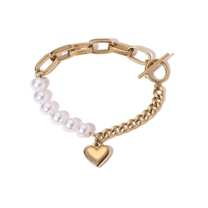 Vintage 18K gold plated stainless steel heart pendant bracelet with white pearls and OT buckle