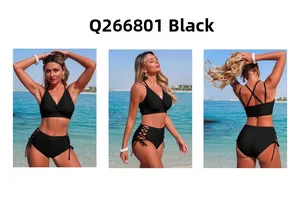 Three-way view of black high-waisted bikini with side lace-up detail and V-neck design