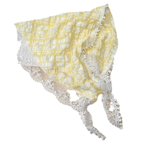 French lace triangle headscarf with yellow gingham pattern and white pompom trim