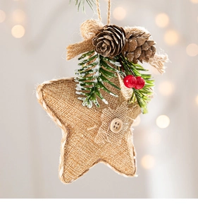 Close-up of burlap star ornament with pine cones, needles, and red berries on a warm background
