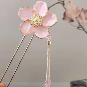 Pink peach blossom hairpin with golden tassels for traditional Hanfu styling