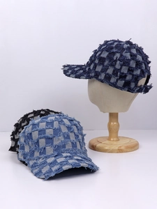 Distressed denim checkerboard baseball caps in navy, light blue, and black colors