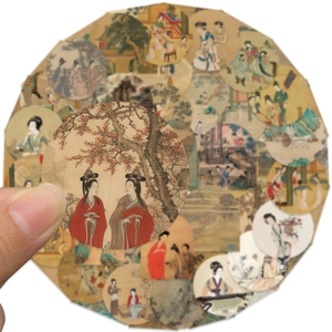 Detail von runden Aufklebern mit chinesischer Kunst zeigt Druckqualität und Größe