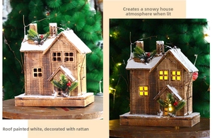 Detail of glowing wooden Christmas cabin with snow-capped roof and festive berry decor