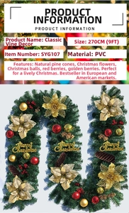 Detail of 9ft Christmas garland with pine cones, golden flowers and red berries