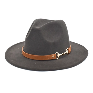 Retro dark grey wool fedora hat with brown leather band and gold horsebit buckle