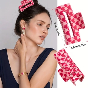 Pince à cheveux rectangulaire rose à motifs cœurs, clip crabe antidérapant de 8cm