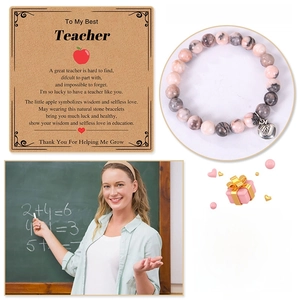 Pink zebra stone bracelet with apple charm and teacher gift card in a quad layout