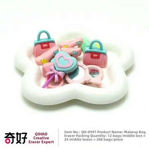 Macro shot of cute pink and blue makeup-shaped erasers set on a white decorative dish