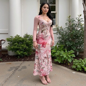 Elegant pink floral maxi dress with V-neckline and intricate lace long sleeves for women