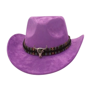 Purple wide-brimmed felt cowboy hat with ethnic band and silver bull skull ornament