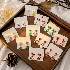 Christmas Stud Earrings With Silver Earring Post Alloy Enamel Santa Reindeer Snowman Asymmetric Festive Holiday Jewelry For Women