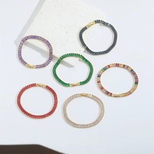 Elegant gold bracelet with rectangular cut cubic zirconia in vibrant assorted colors