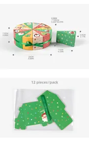 Flat lay of 12-piece Christmas cake-shaped gift box set with festive character prints