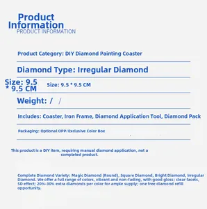 Detail specifications for DIY diamond painting coaster with tools and 9.5cm dimensions