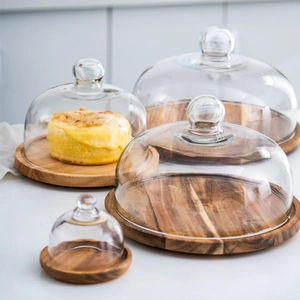 Rotating Acacia Wood Cake Stand With Glass Dome Lid Dessert Serving Tray For Pastry Bread Fruit Display Nordic Style