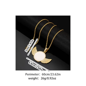 Detail showing dimensions of gold hip hop wing pendant with rhinestones and 60cm chain