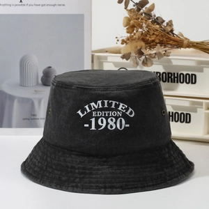 Vintage washed cotton bucket hat with Limited Edition 1980 embroidery and metal eyelets