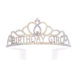 Detail of silver BIRTHDAY GIRL crown featuring iridescent rhinestones and hair combs