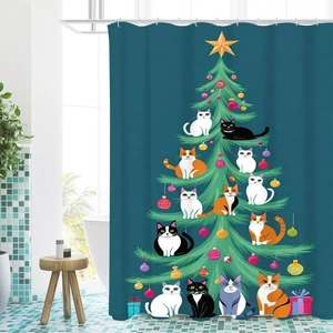 Tenda da doccia natalizia verde acqua con gatti cartoon impilati come albero di Natale