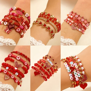 Pulsera de Cuentas de Corazón de San Valentín para Mujer Rojo Oro Aleación Arcilla Polimérica Letra de Amor Kiss Me Joyería Romántica Regalo