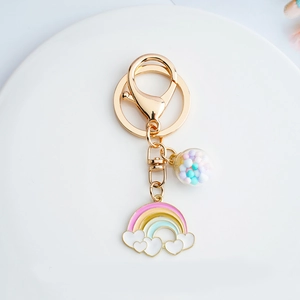 Cute rainbow cloud and glass ball keychain with golden metal ring for girls' bags