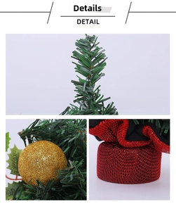 Detail of green pine needles, gold glitter ball and red mesh base of a mini Christmas tree