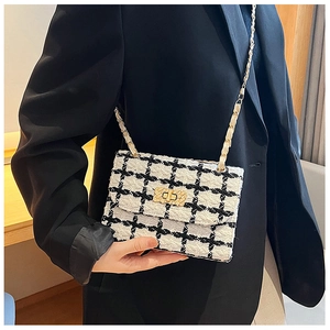 Detail of tweed crossbody bag with black-white plaid pattern and gold chain strap