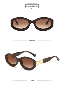Détail de lunettes de soleil vintage marron avec boucle en chaîne dorée sur la branche