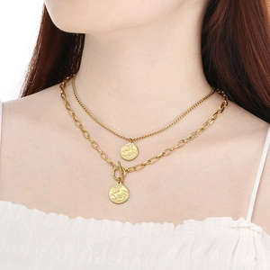 British style double-layered gold necklace with coin pendant and toggle clasp closure