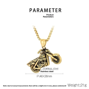 Macro view of gold stainless steel motorcycle pendant showing size 46x26mm dimensions