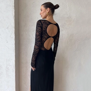 Elegant black lace long dress with back cutout detail and side slit for women