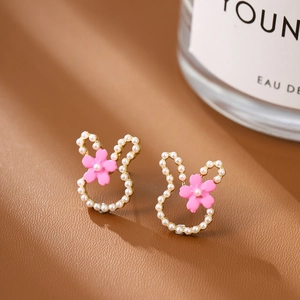 Cute Rabbit Stud Earrings With Imitation Artificial Pearl And Flower Alloy Jewelry With 925 Sterling Silver Earring Post