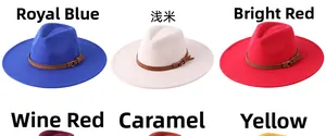 Détail de chapeaux fedora en six coloris avec des bandes décoratives en cuir marron