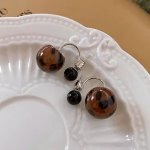 Retro Leopard Print Resin Ball Earrings With Silver Earring Post Geometric Double Bead Studs For Women Fashion