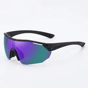 Polarized sports sunglasses with black ink-jet frame and purple iridescent lenses